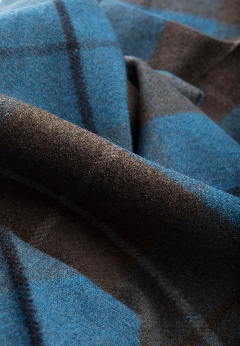 Sciarpa grigio-azzurra quadri lana frange