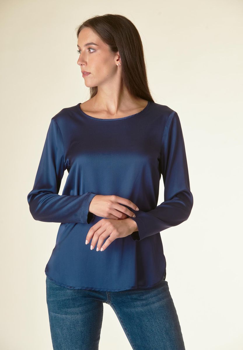 Blusa blu manica lunga raso viscosa-Angelico
