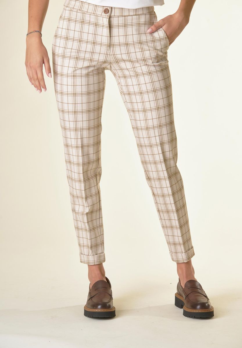 Pantalone panna quadri sigaretta risvolto-Angelico