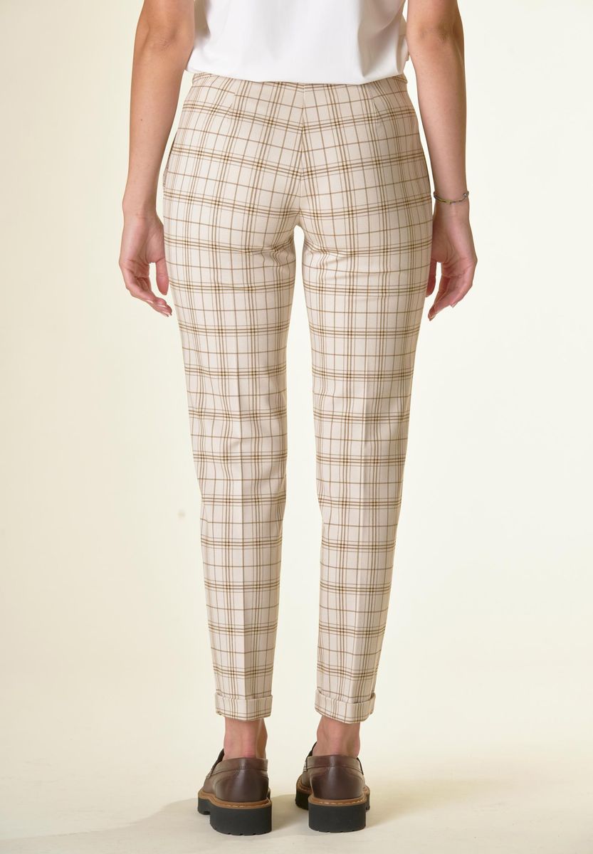 Pantalone panna quadri sigaretta risvolto