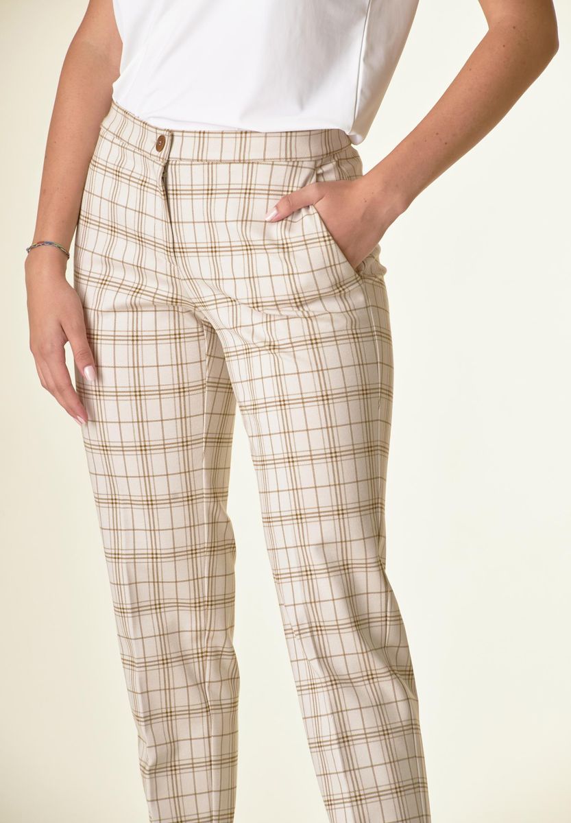 Pantalone panna quadri sigaretta risvolto