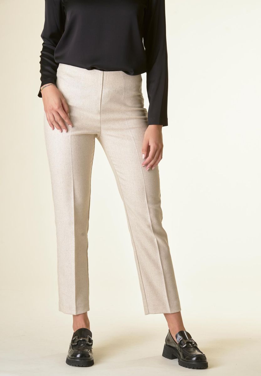 Pantalone beige spigato sigaretta lana-Angelico