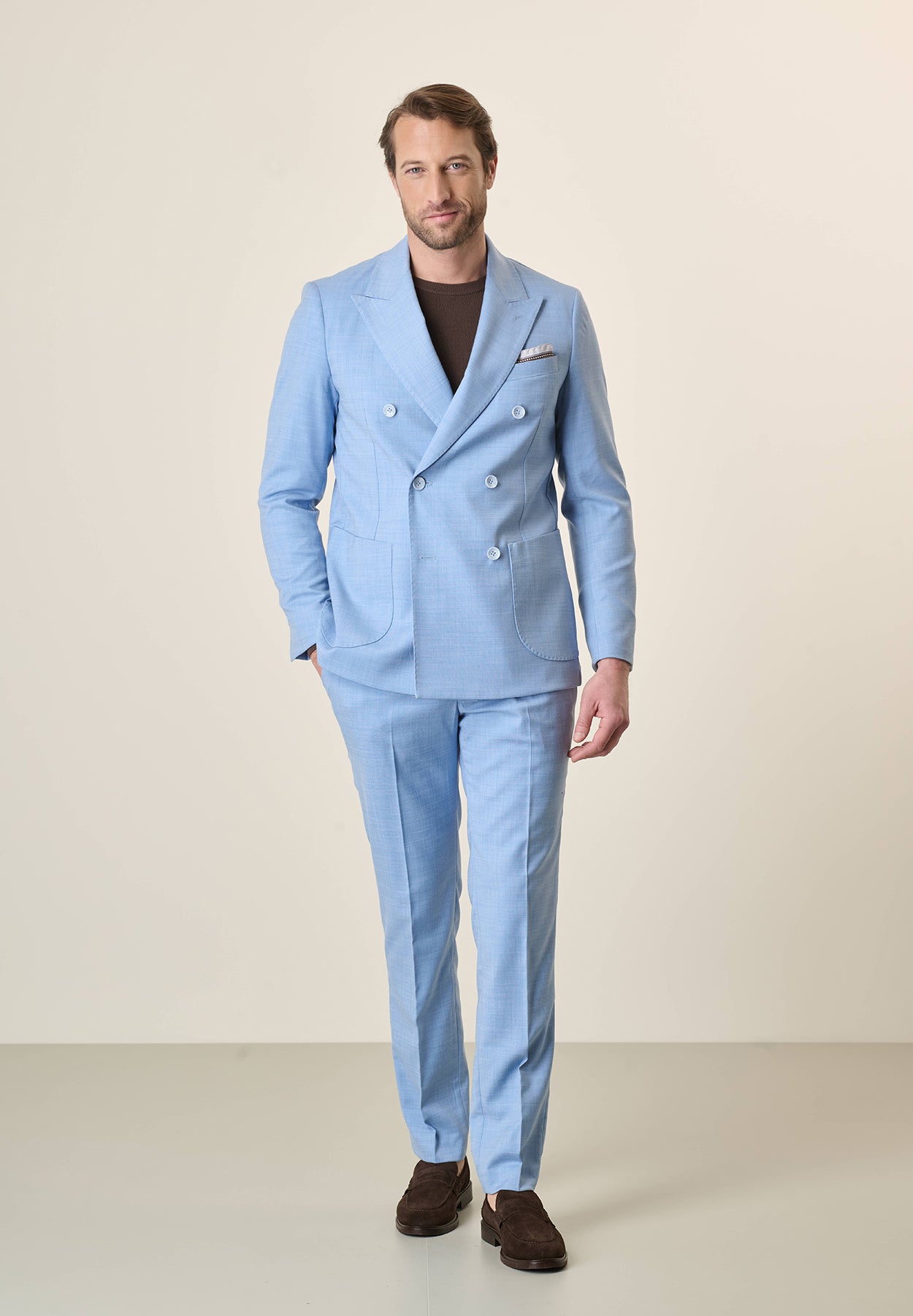 Light blue double-breasted unlined slim fit suit