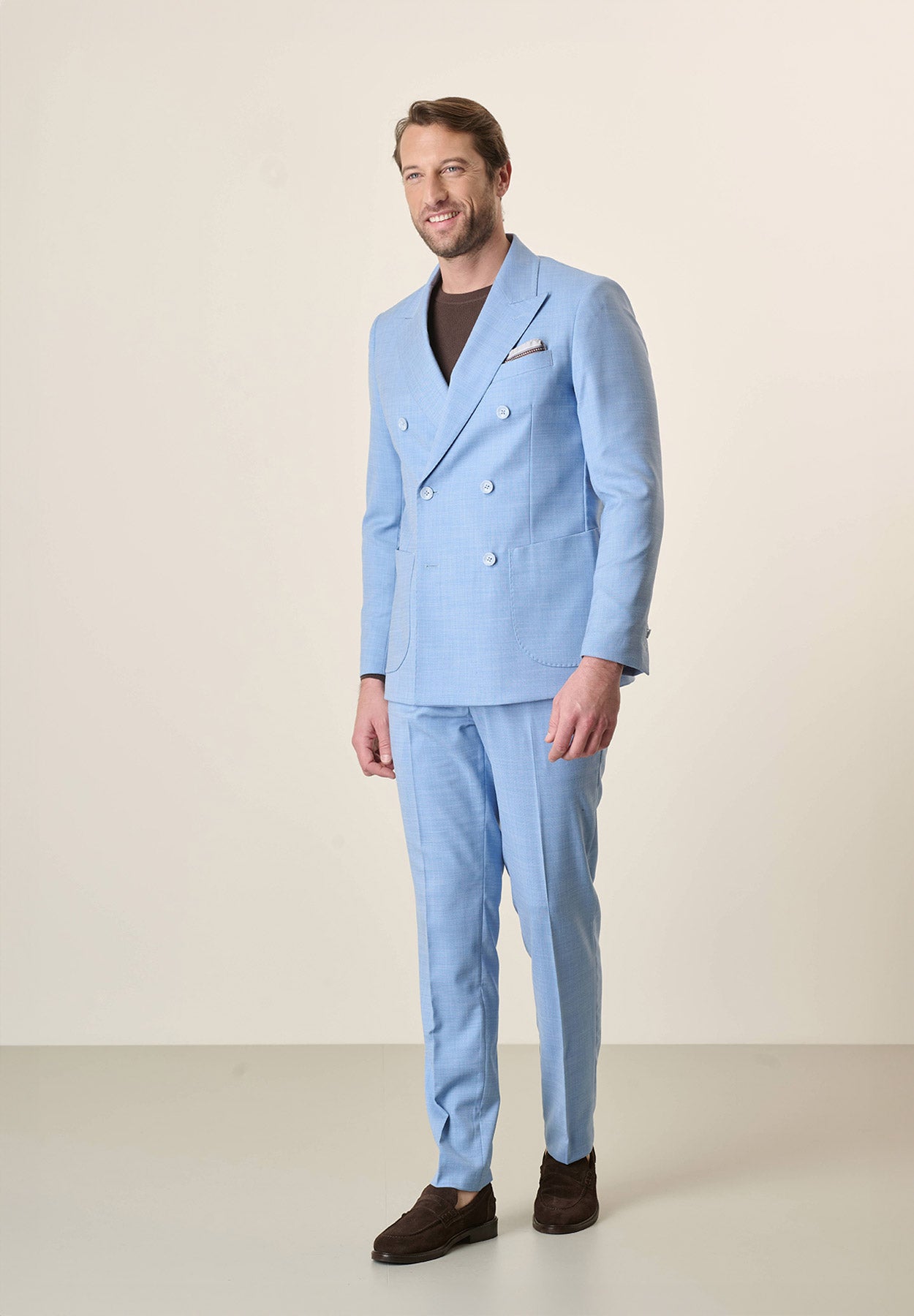 Light blue double-breasted unlined slim fit suit