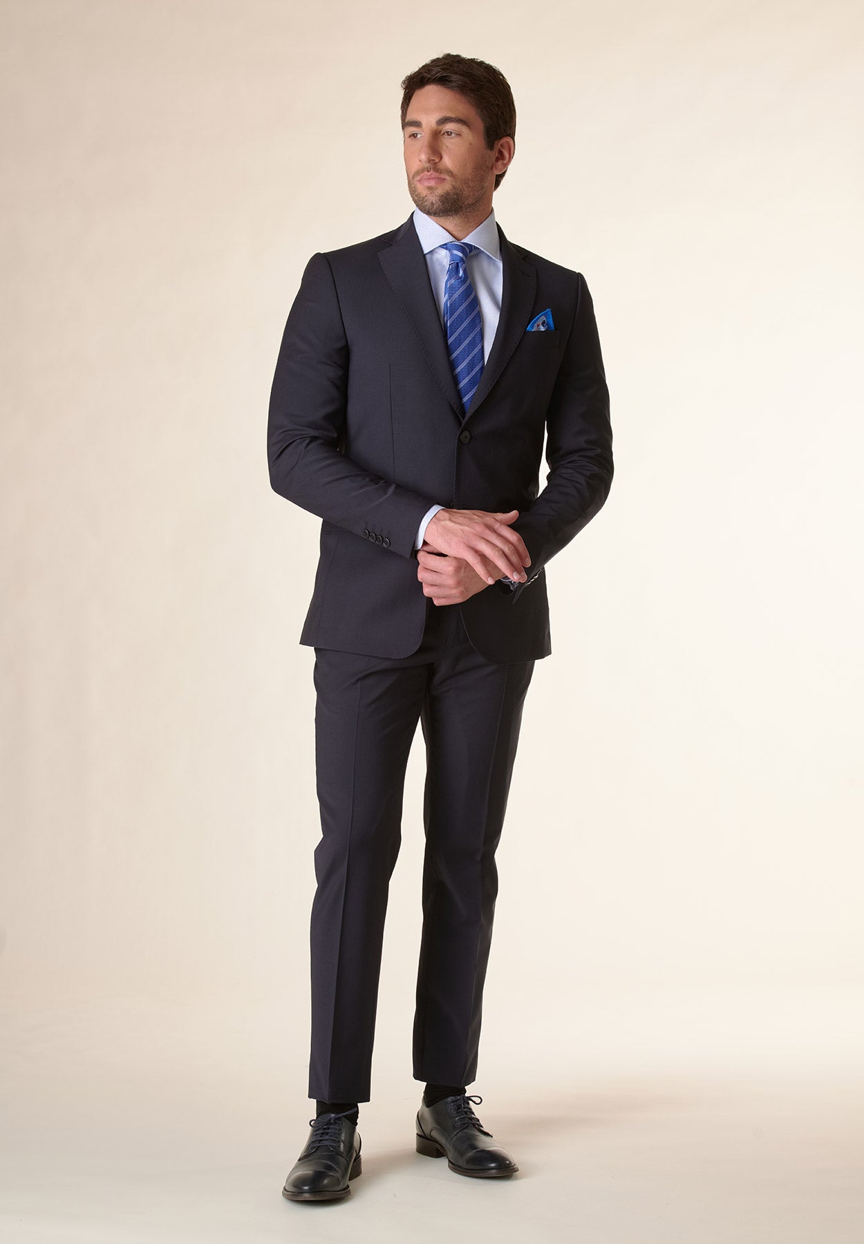 Dark blue cloth wool stretch custom fit suit