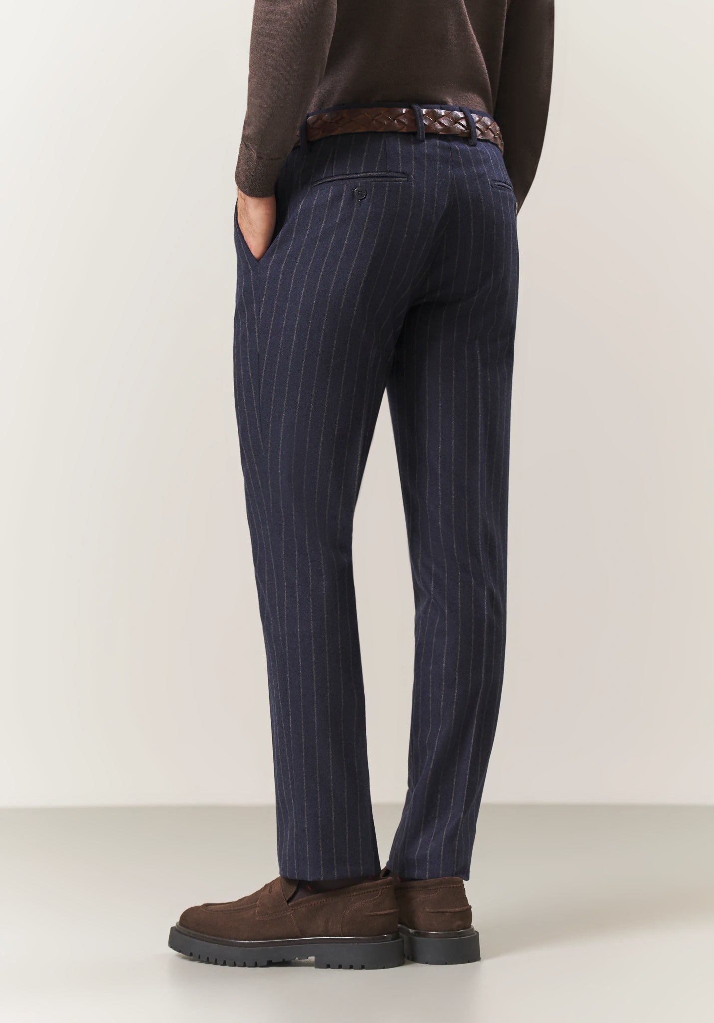 Custom fit long blue pinstriped virgin wool flannel suit Angelico 8