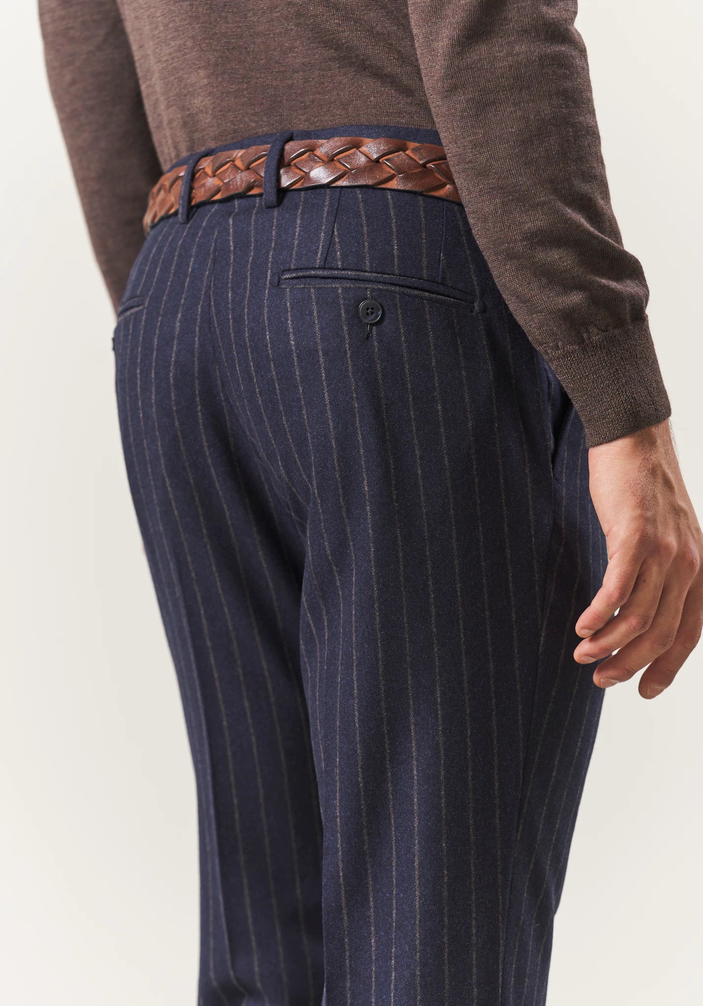 Custom fit long blue pinstriped virgin wool flannel suit Angelico 7