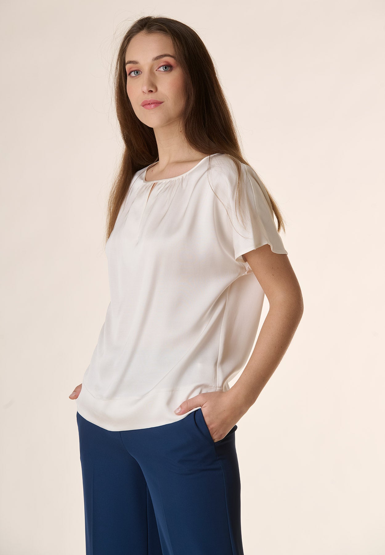 White viscose drop-neck blouse