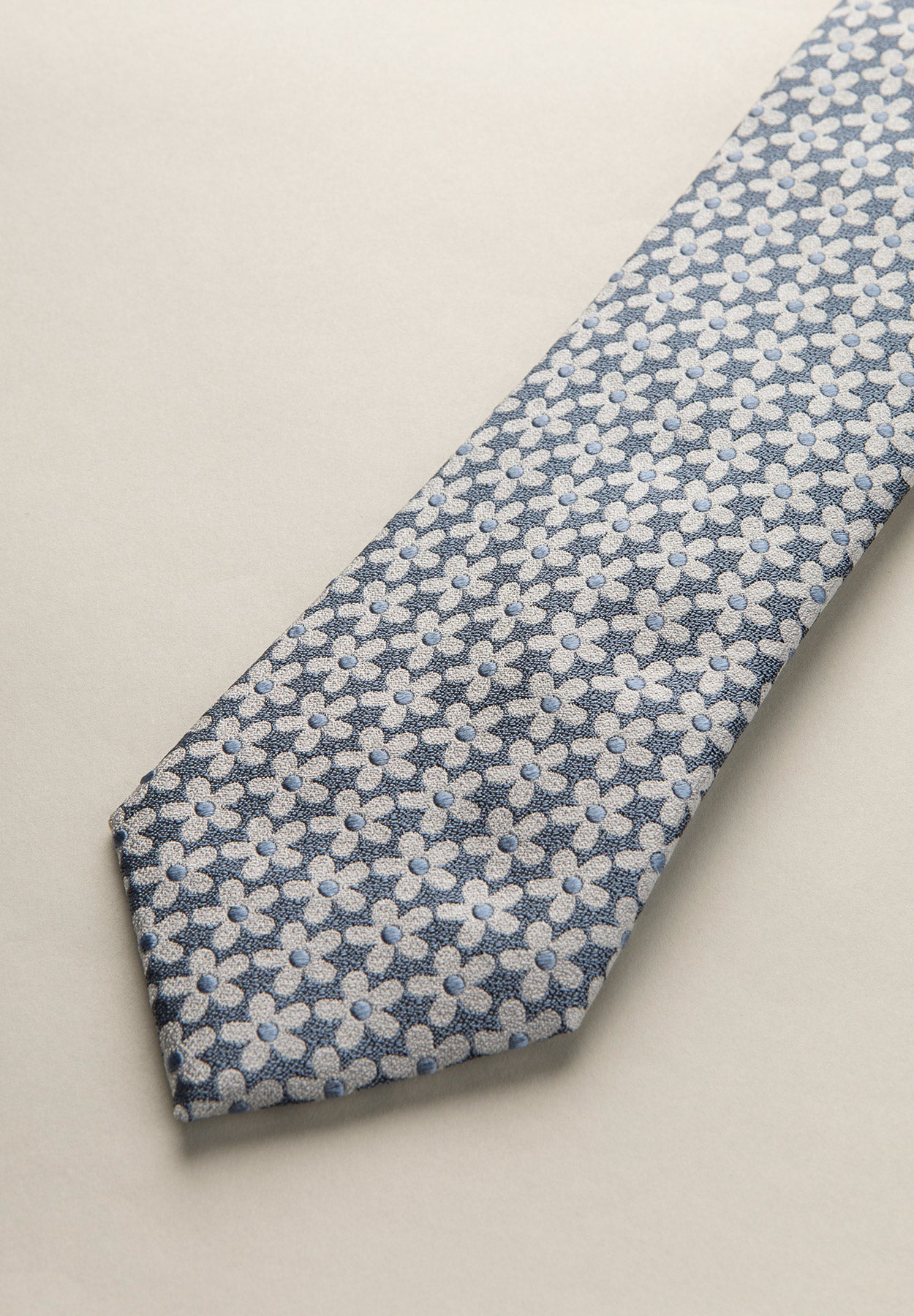 Light blue tie large white flowers silk