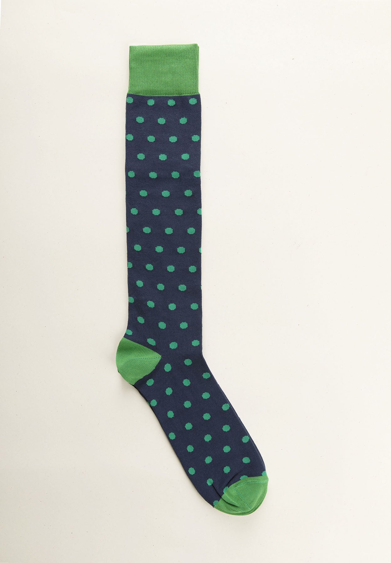 Navy blue sock with green polka dots stretch cotton