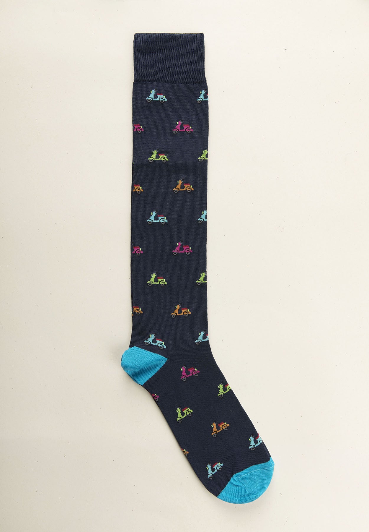 Navy blue sock with scooter pattern stretch cotton