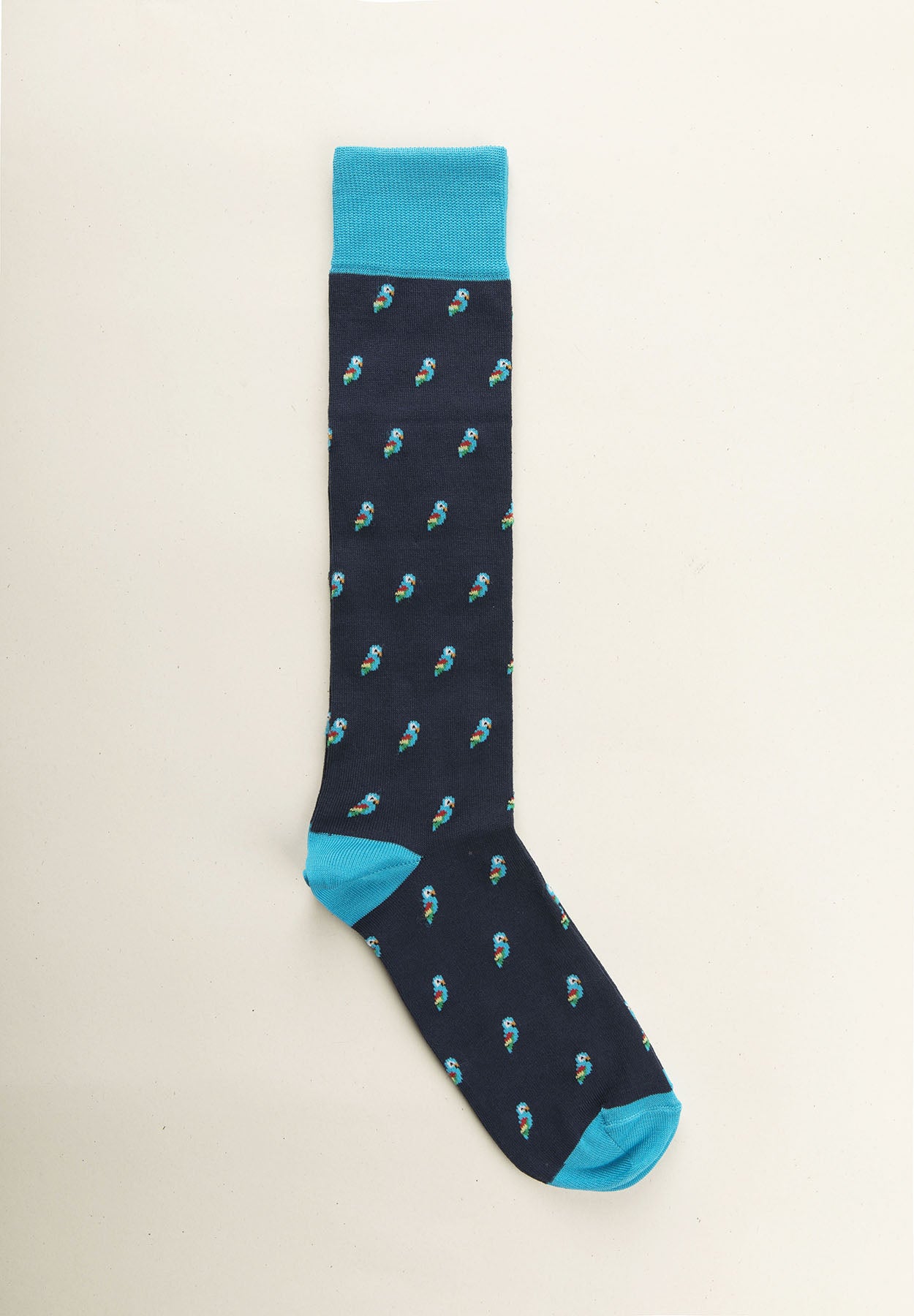 Navy blue sock with parrot pattern and stretch cotton