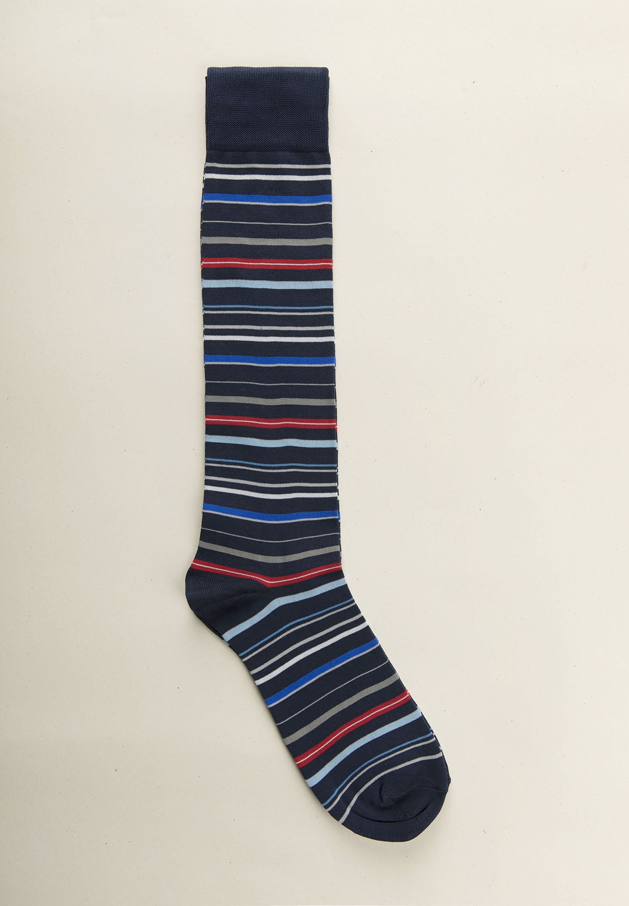 Navy blue sock with colored stripes and stretch cotton