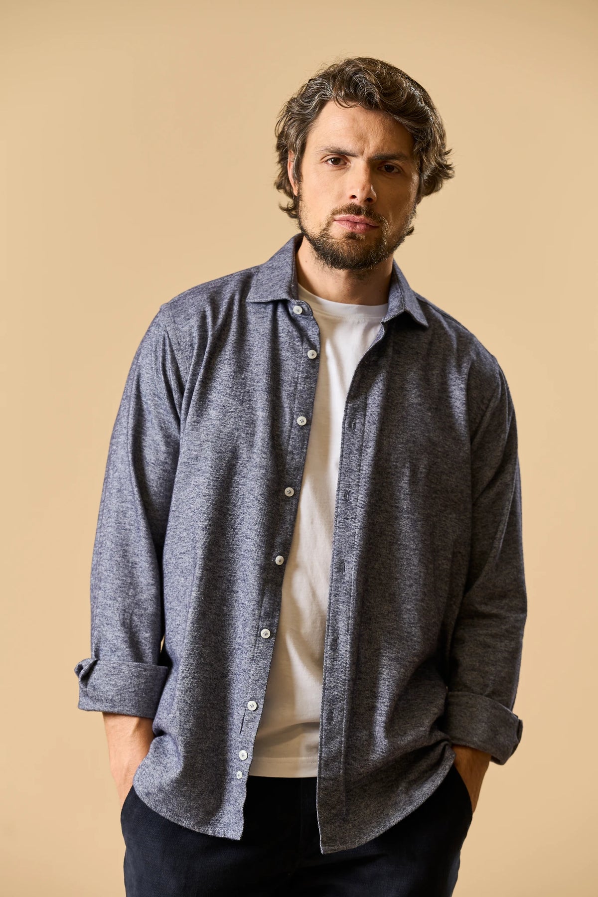 Graues Oxford-Hemd aus Baumwollflanell, Custom Fit Angelico 3