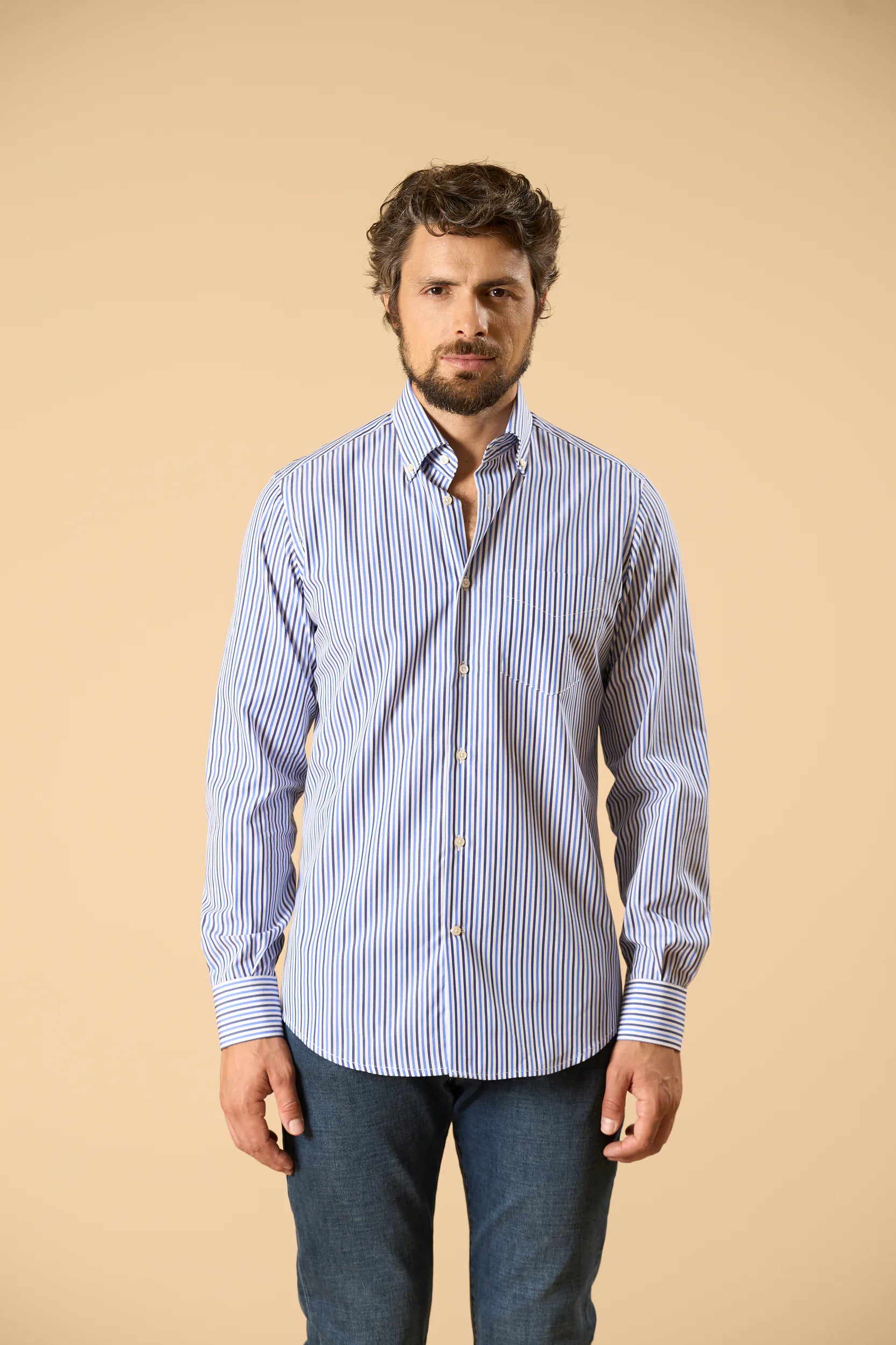 Camicia blu bianco bacchettina botton-down cotone regular fit Angelico 4