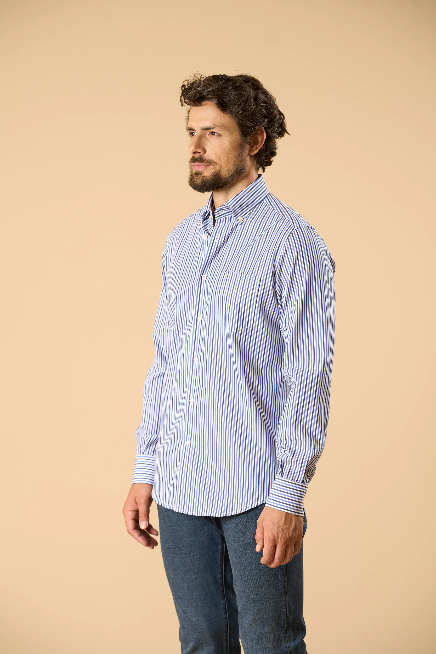 Camicia blu bianco bacchettina botton-down cotone regular fit Angelico 5
