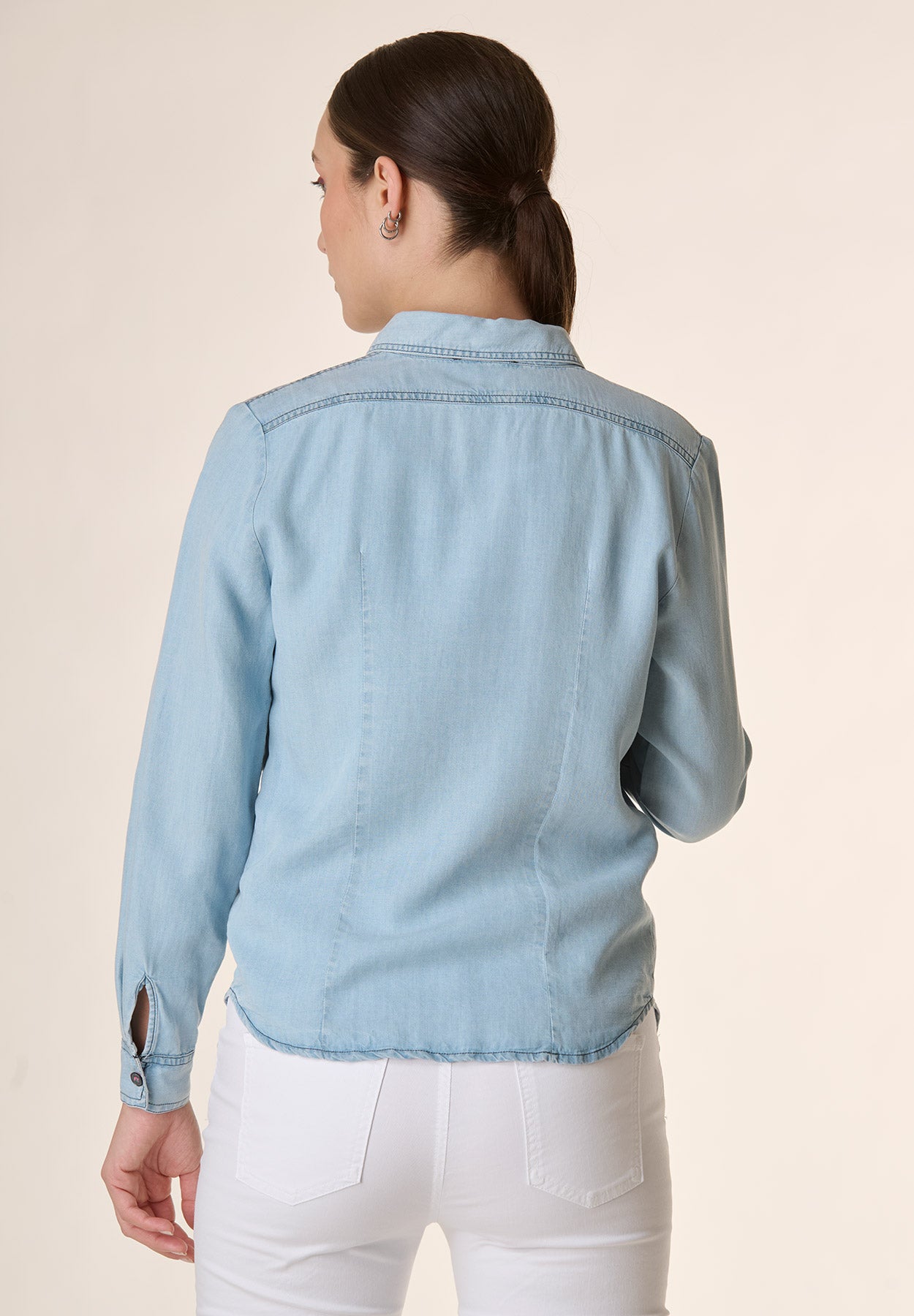 Light denim shirt with pockets and rouche