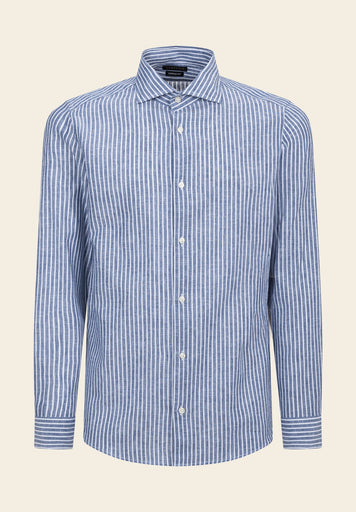 Camicia blu bianca misto lino rigata custom fit-Angelico