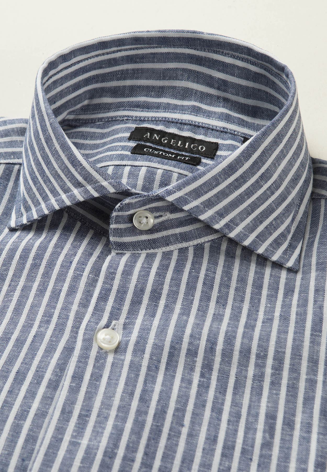 Camicia blu bianca misto lino rigata custom fit