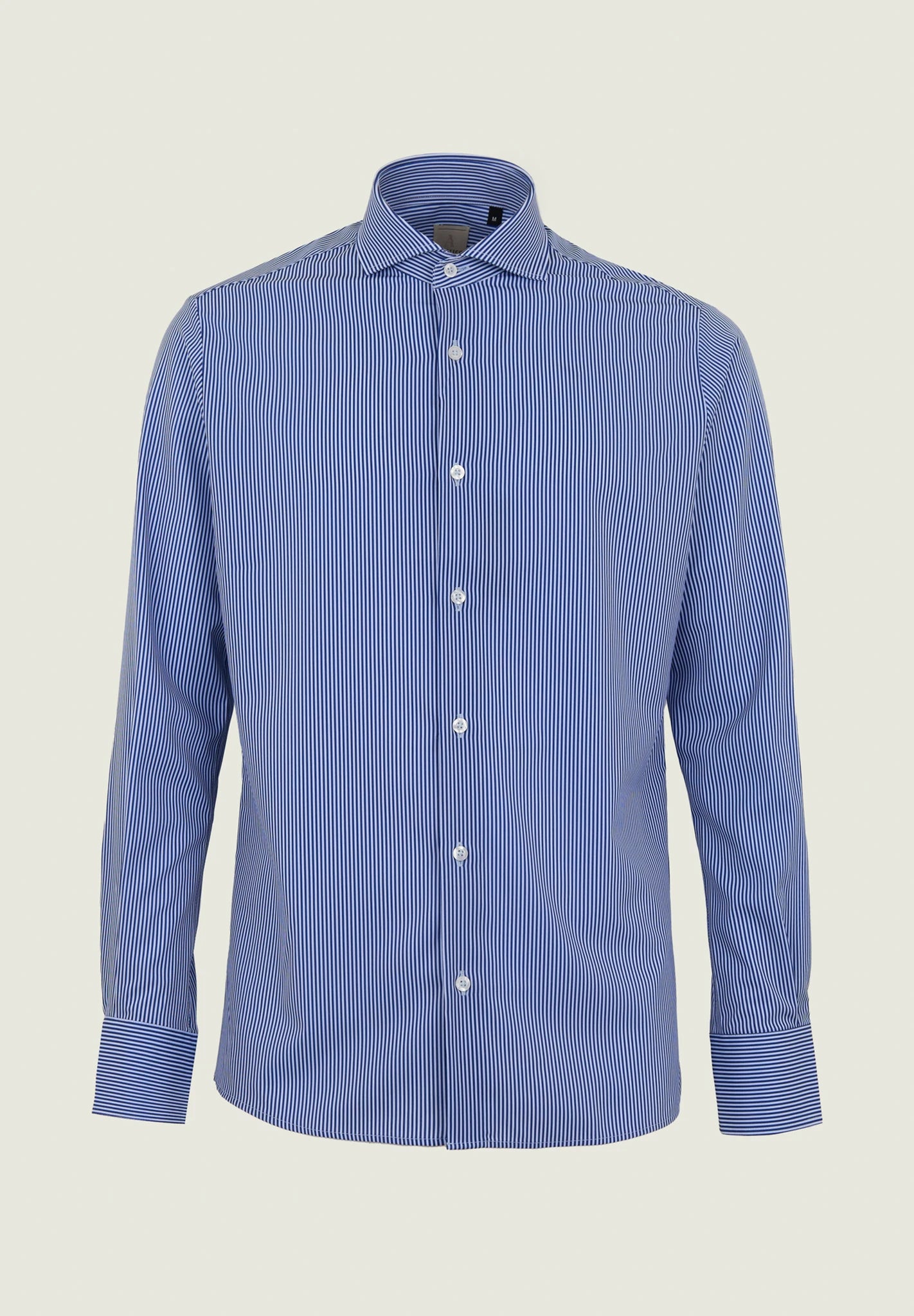 Camicia blu bianca rigata tessuto performance custom fit | Angelico
