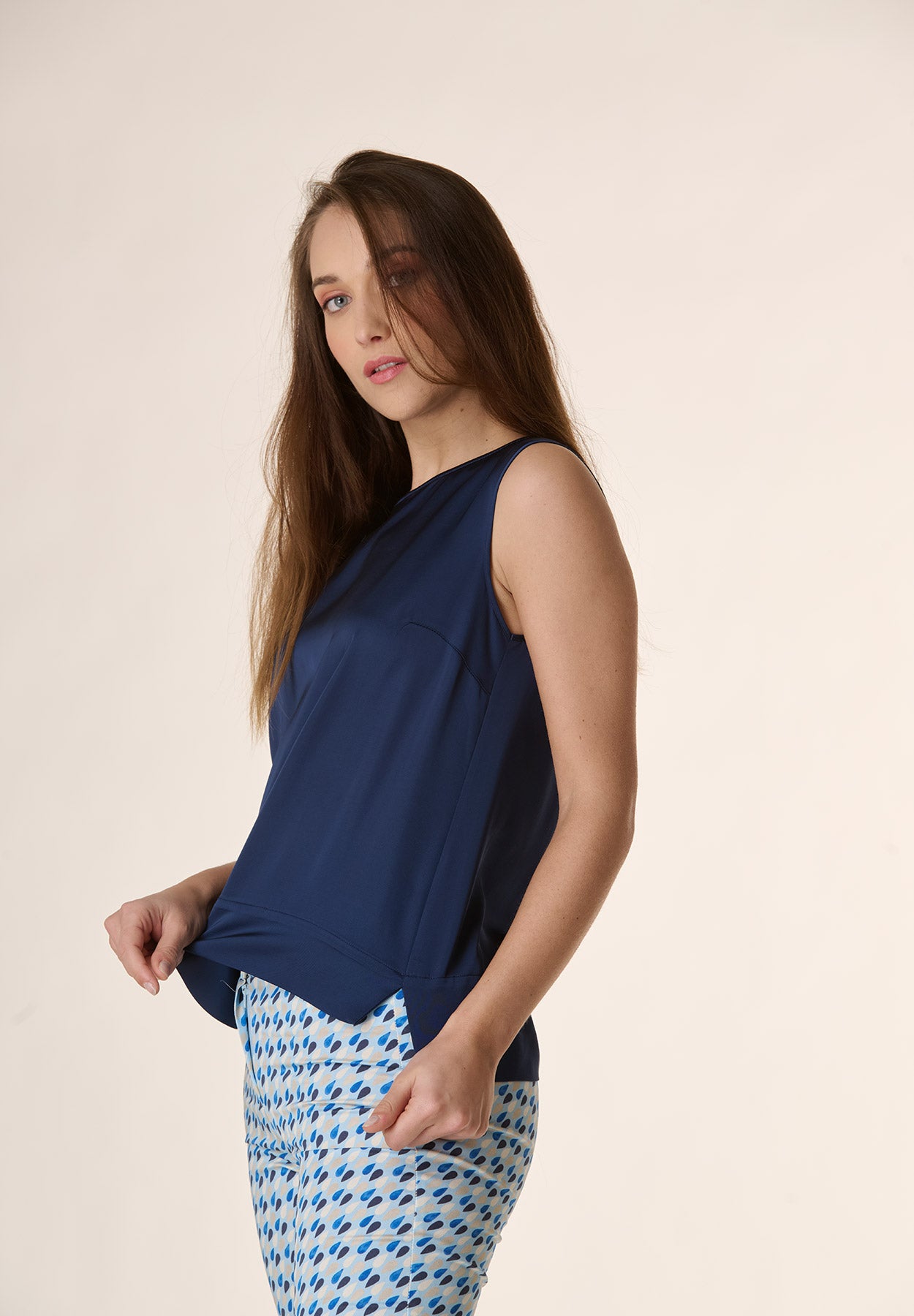 Blue viscose blouse with slits