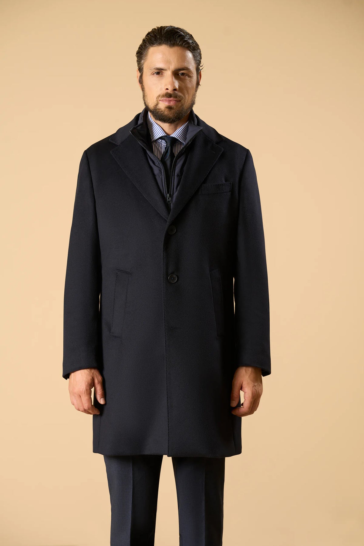 Cappotto blu misto cashmere fintino removibile