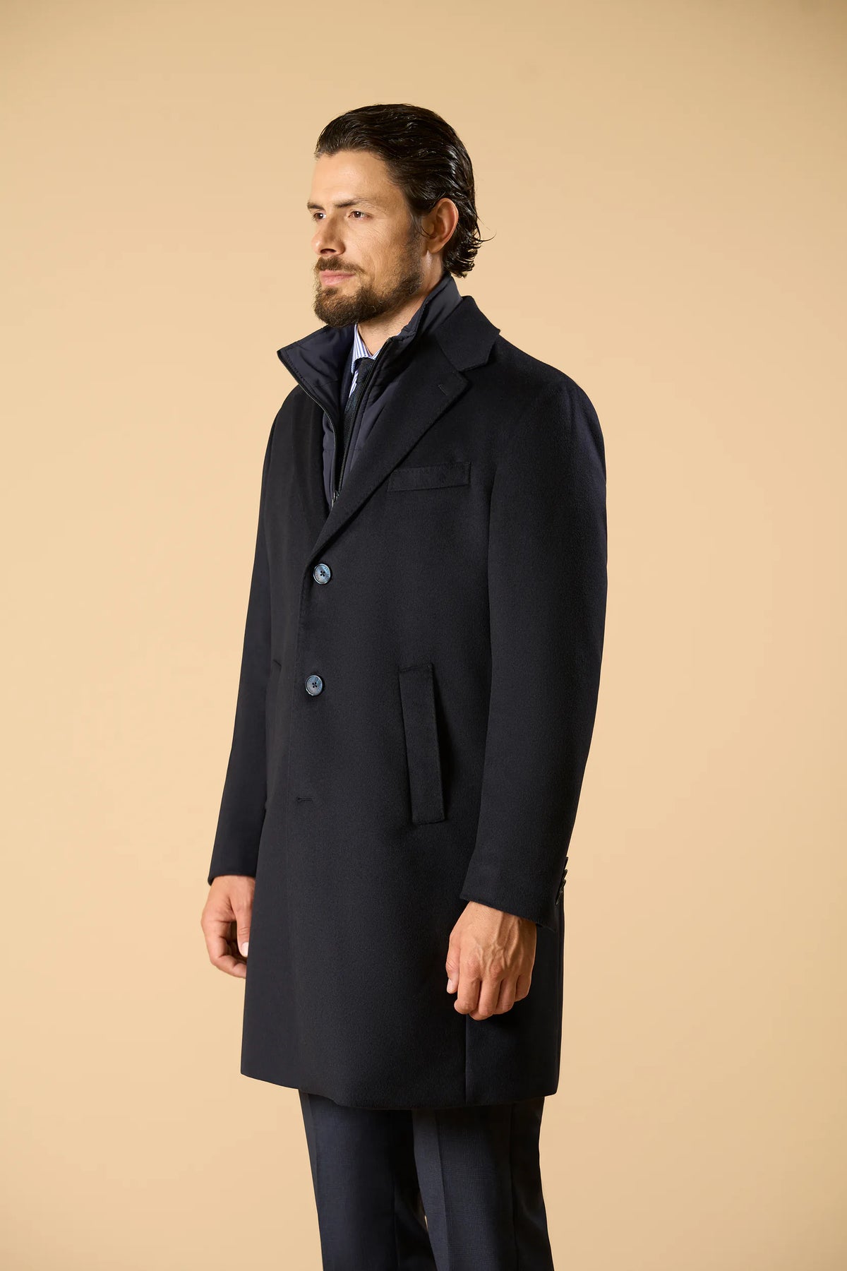 Cappotto blu misto cashmere fintino removibile