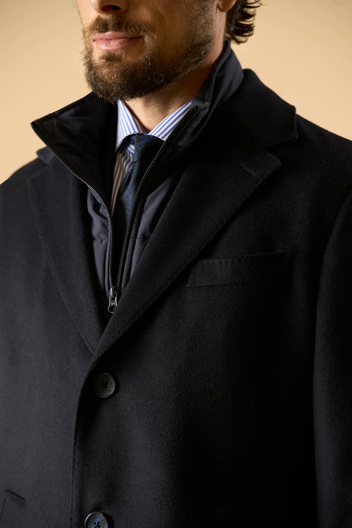 Cappotto blu misto cashmere fintino removibile
