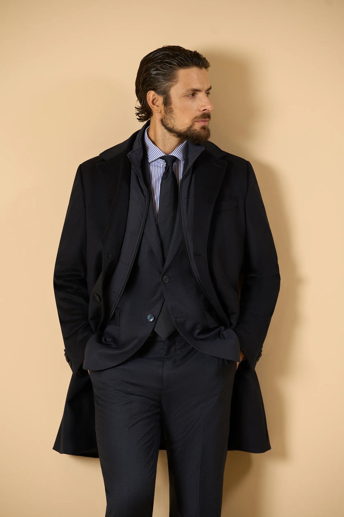 Cappotto blu misto cashmere fintino removibile