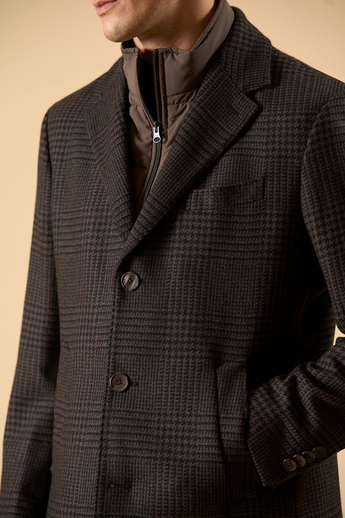 Cappotto moro lana vergine fantasia Galles fintino removibile