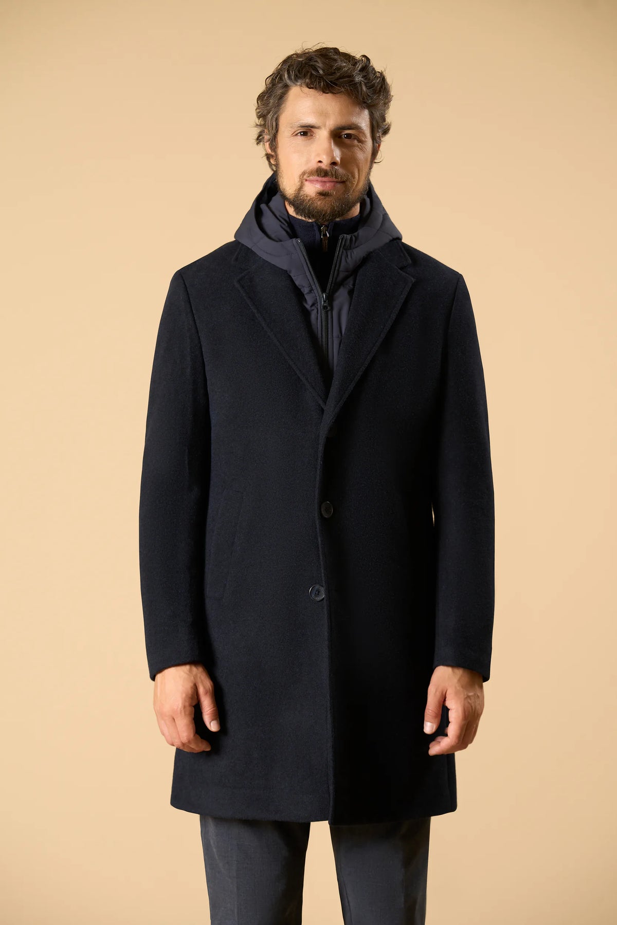 Cappotto blu jersey misto lana con cappuccio