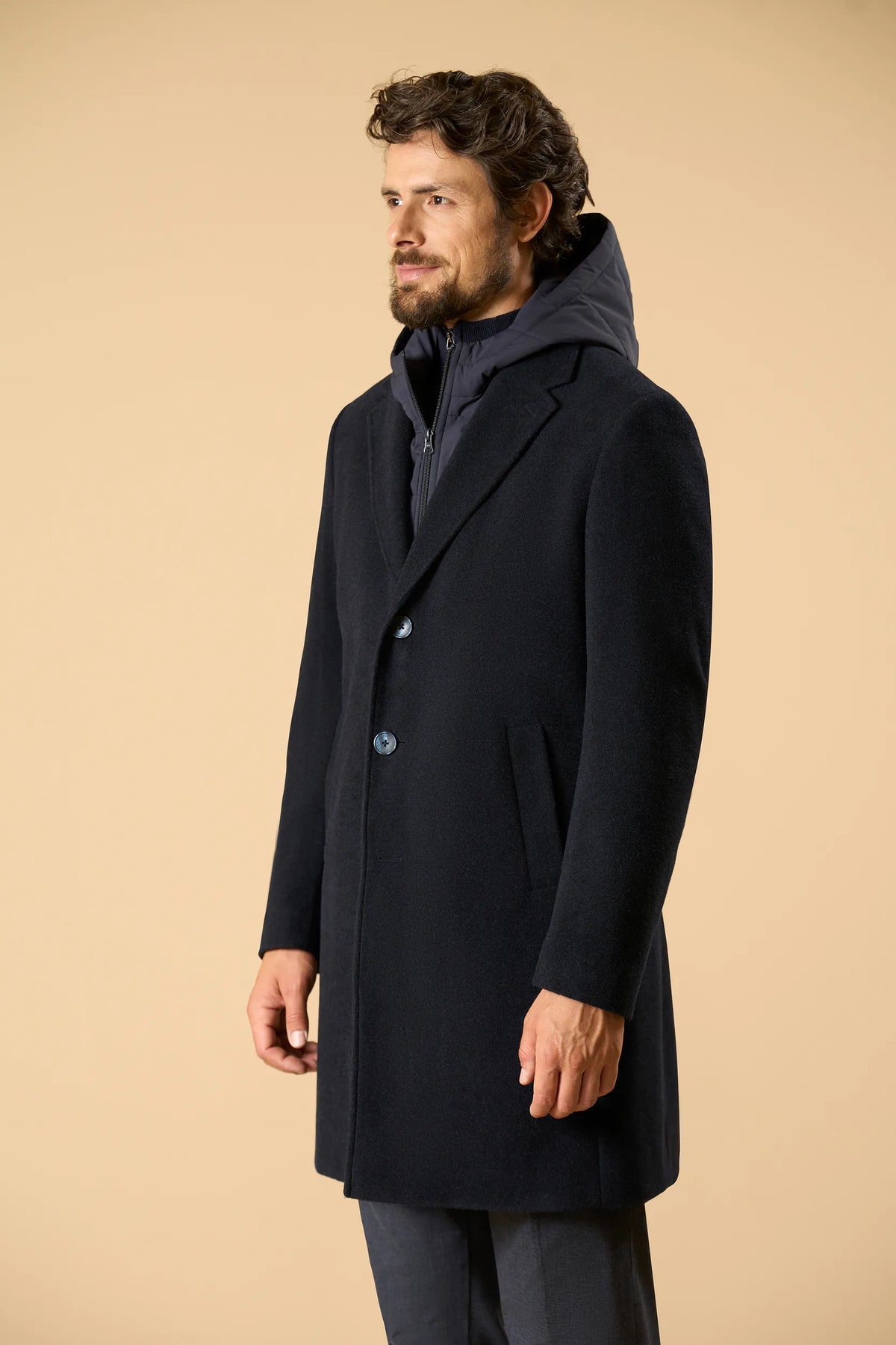 Cappotto blu jersey misto lana con cappuccio