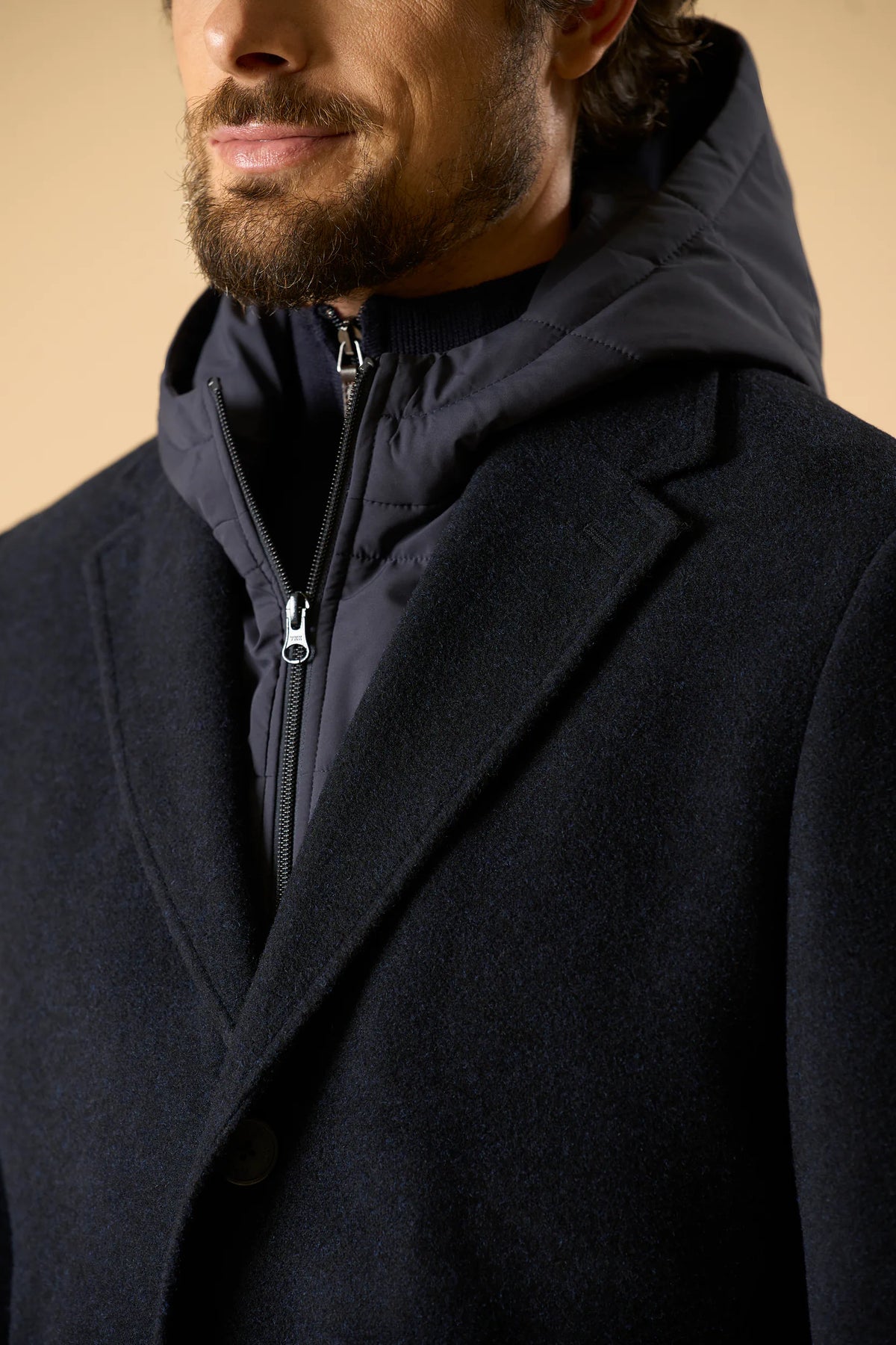 Cappotto blu jersey misto lana con cappuccio