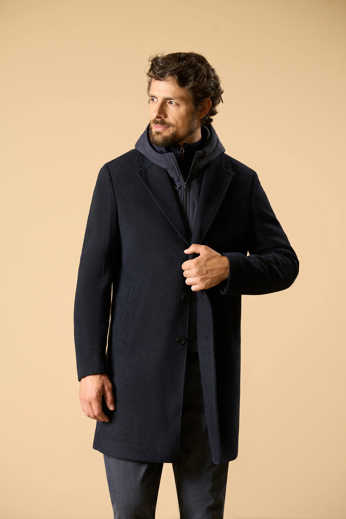 Cappotto blu jersey misto lana con cappuccio