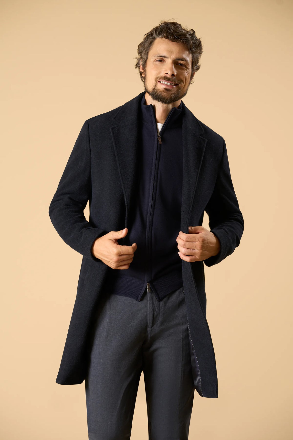 Cappotto blu jersey misto lana con cappuccio