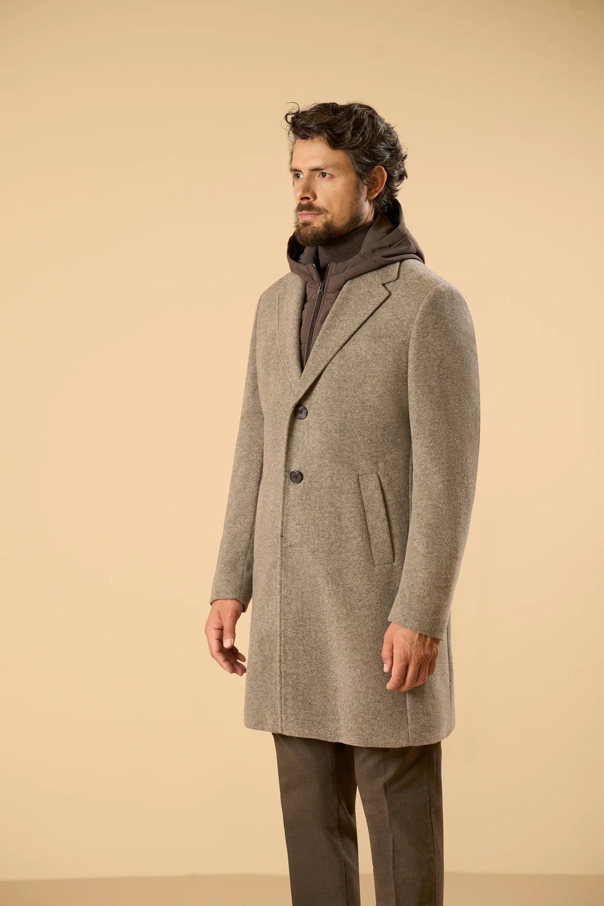 Cappotto greige jersey misto lana con cappuccio