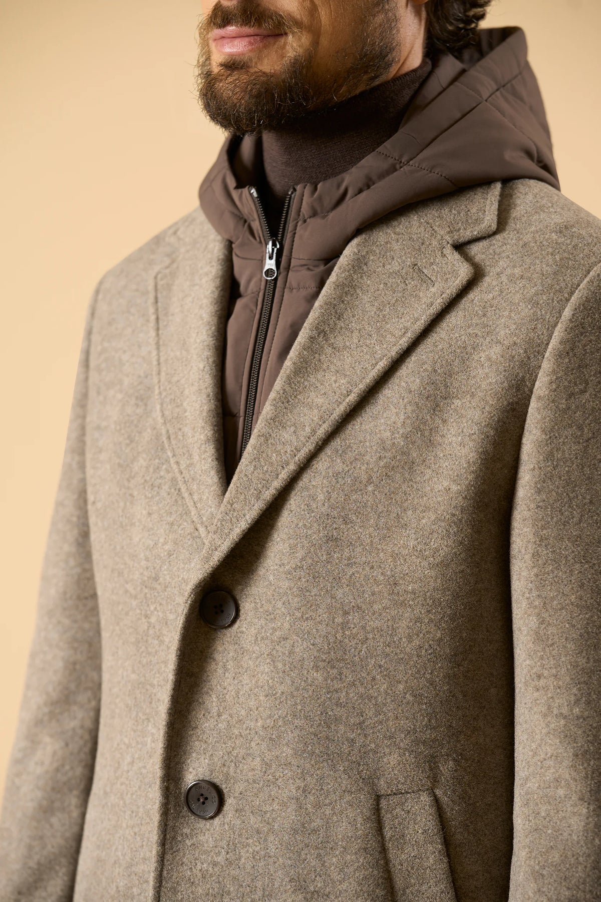Cappotto greige jersey misto lana con cappuccio