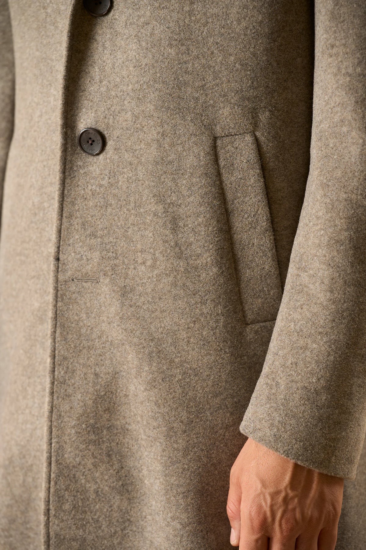 Cappotto greige jersey misto lana con cappuccio