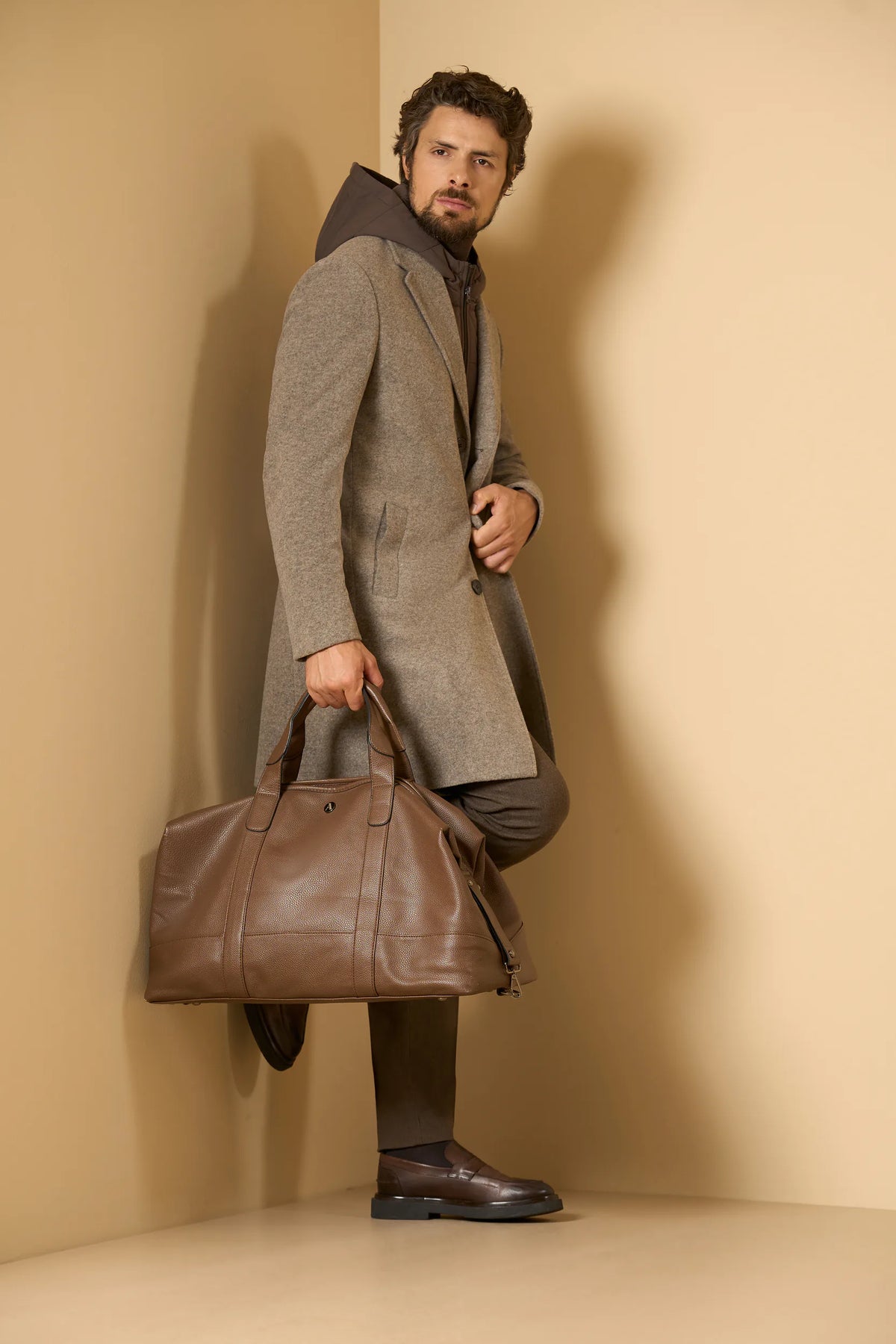 Cappotto greige jersey misto lana con cappuccio