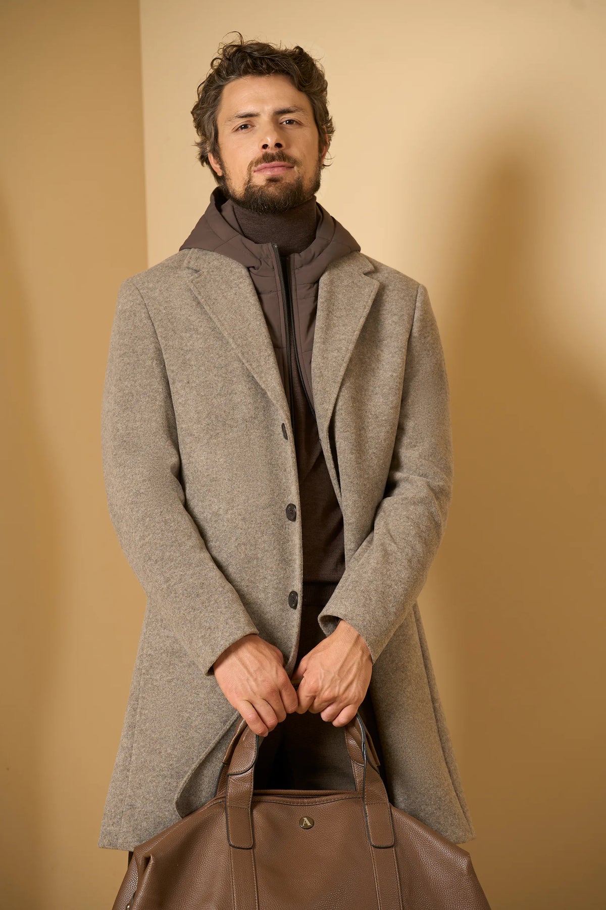 Cappotto greige jersey misto lana con cappuccio