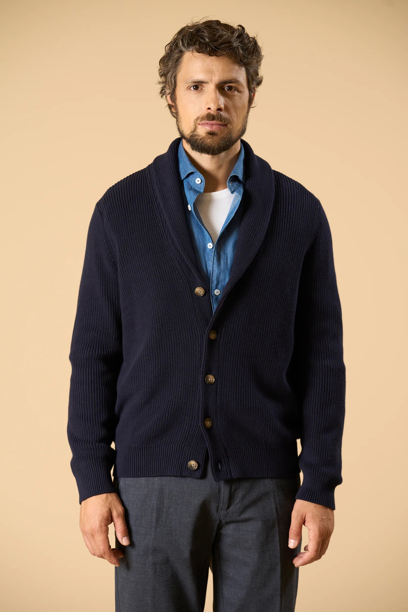 Cardigan blu collo scialle cotone Angelico 4