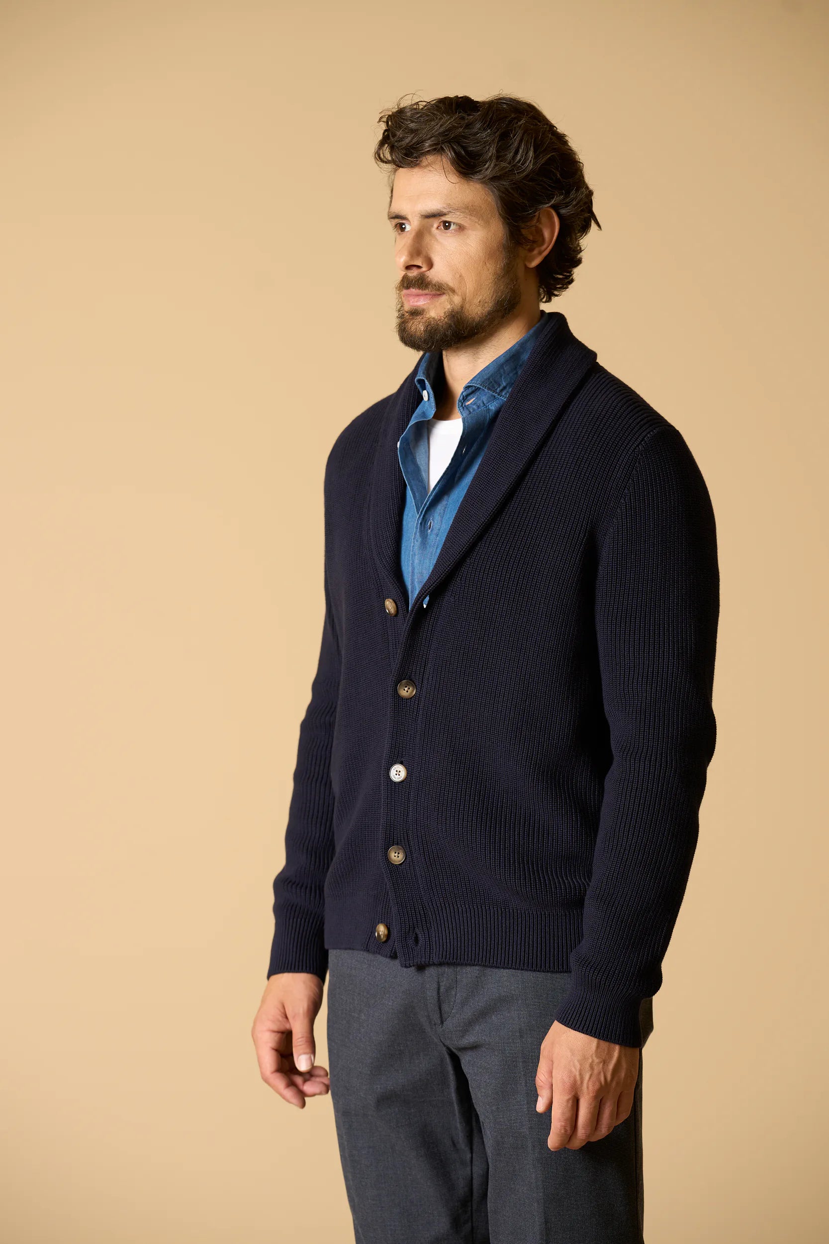 Cardigan blu collo scialle cotone Angelico 5