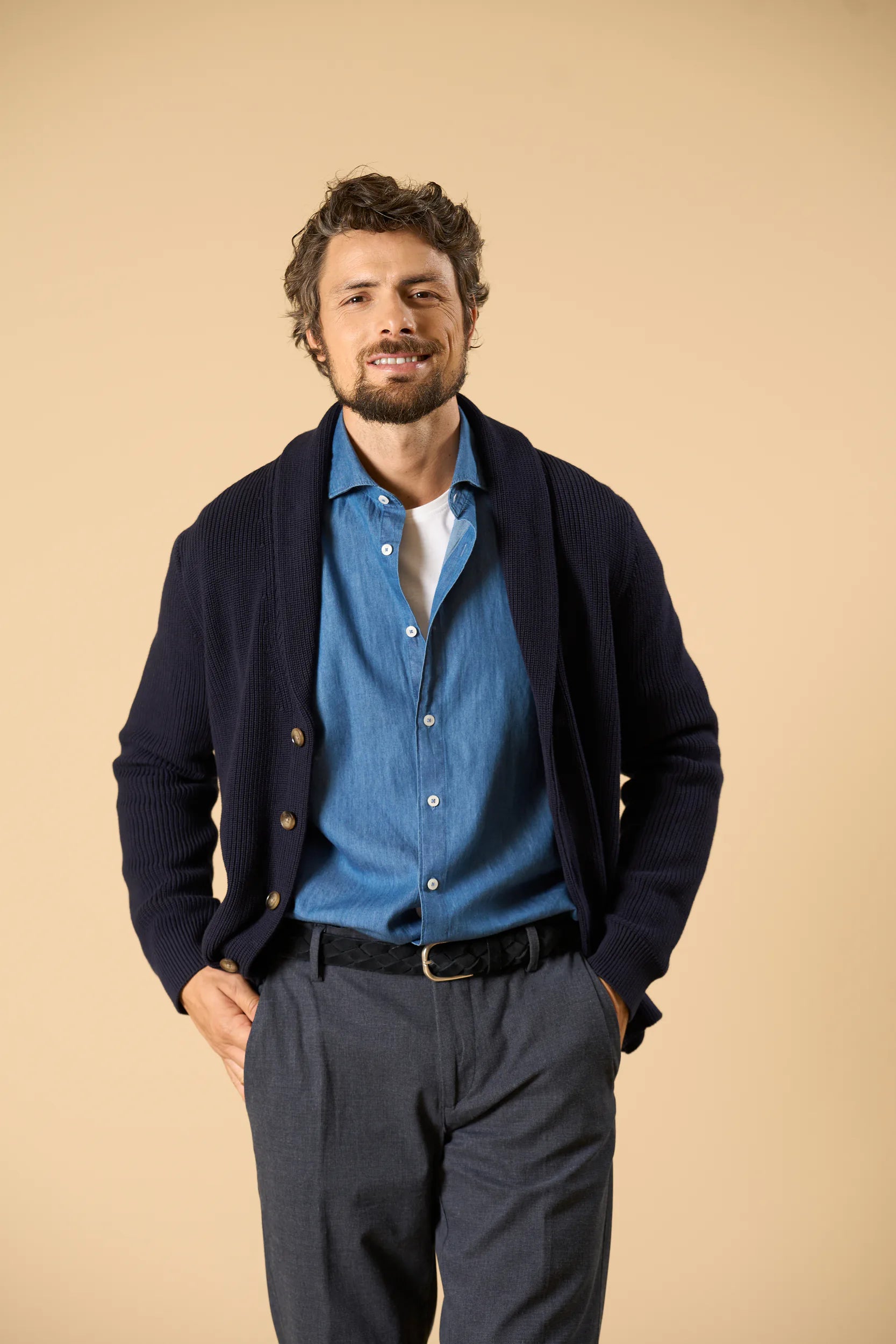 Cardigan blu collo scialle cotone Angelico 1