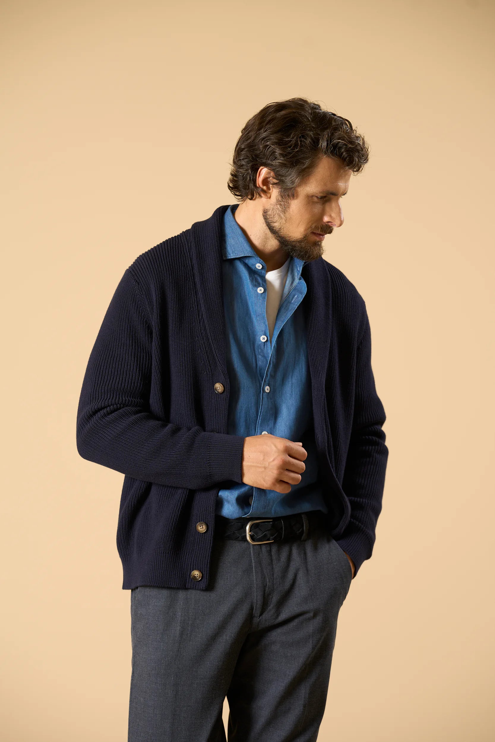 Cardigan blu collo scialle cotone Angelico 3