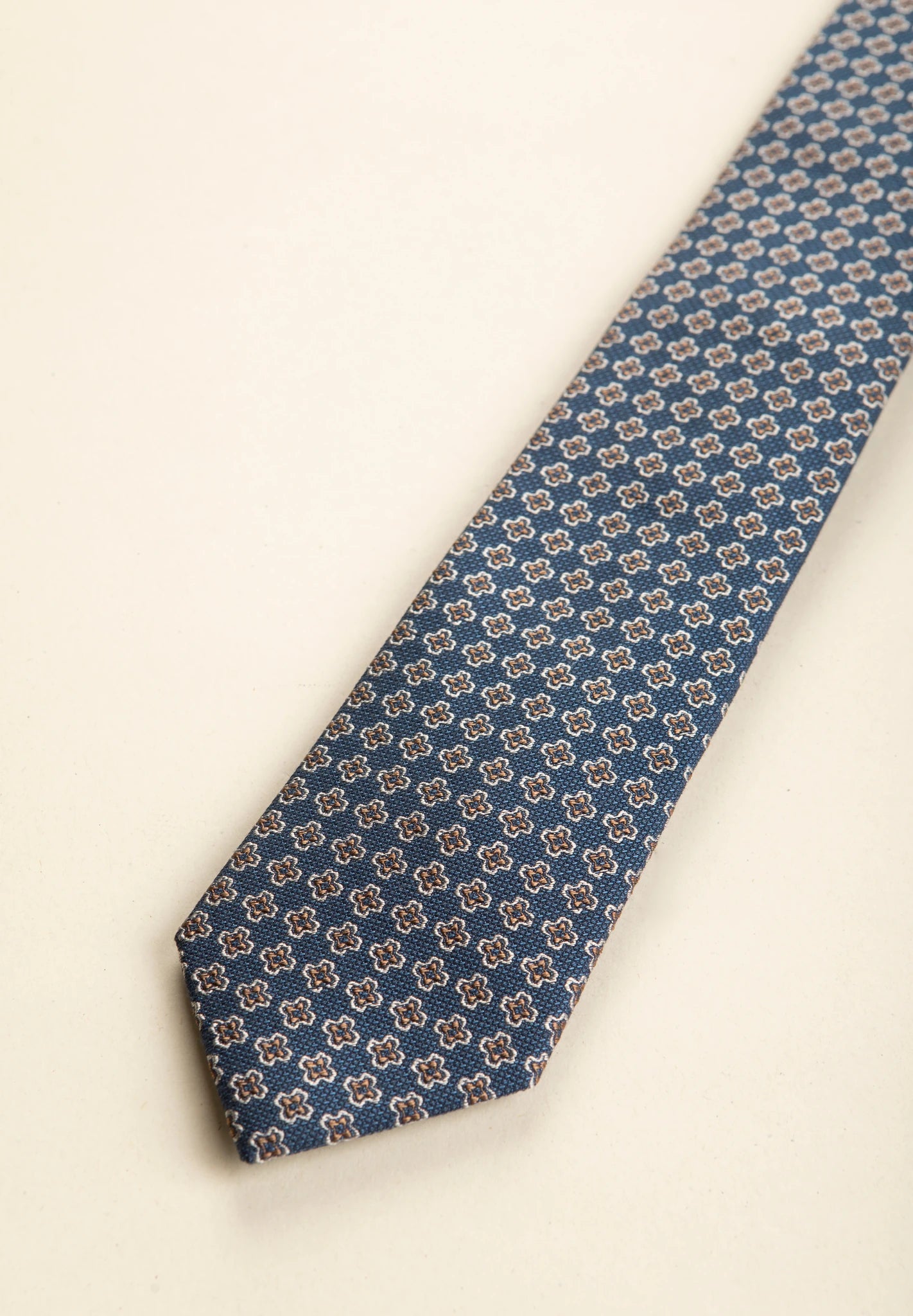 Cravatta blu scura fiori marroni seta cotone-Angelico