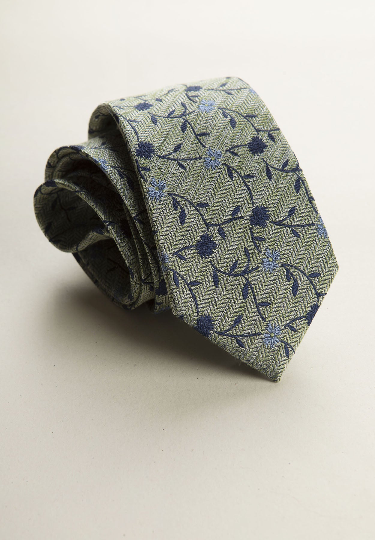 Green tie blue flowers silk cotton woven