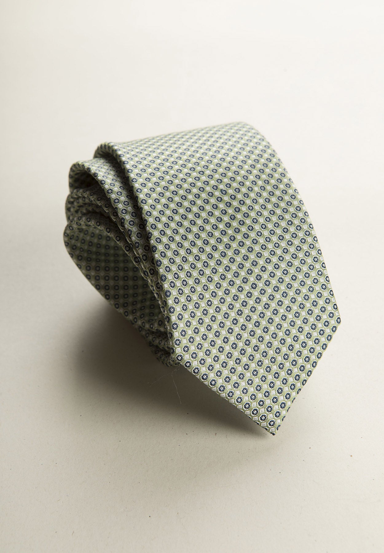 Greenish tie with micro pattern, white and blue, silk