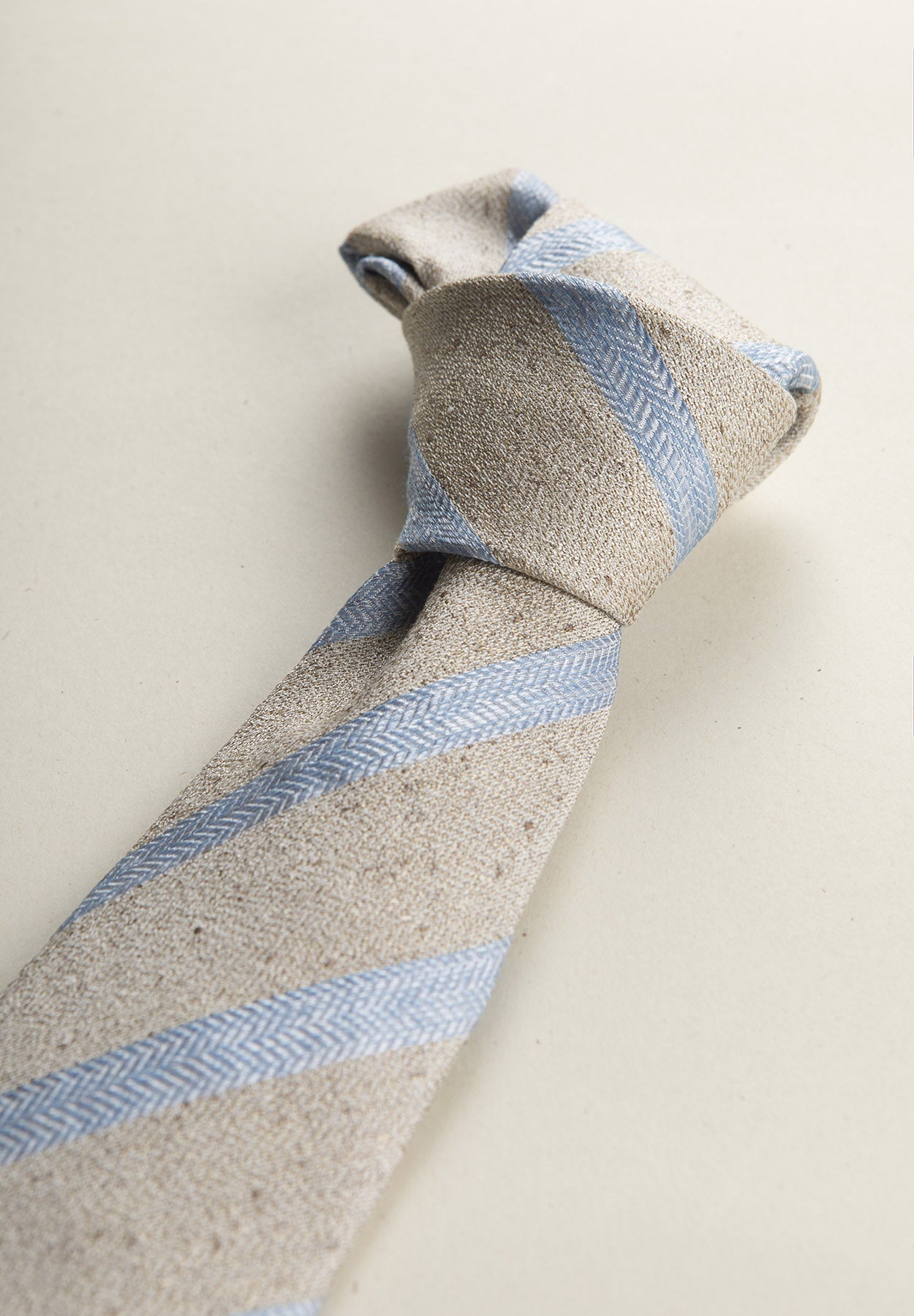 Beige regimental light blue silk cotton tie