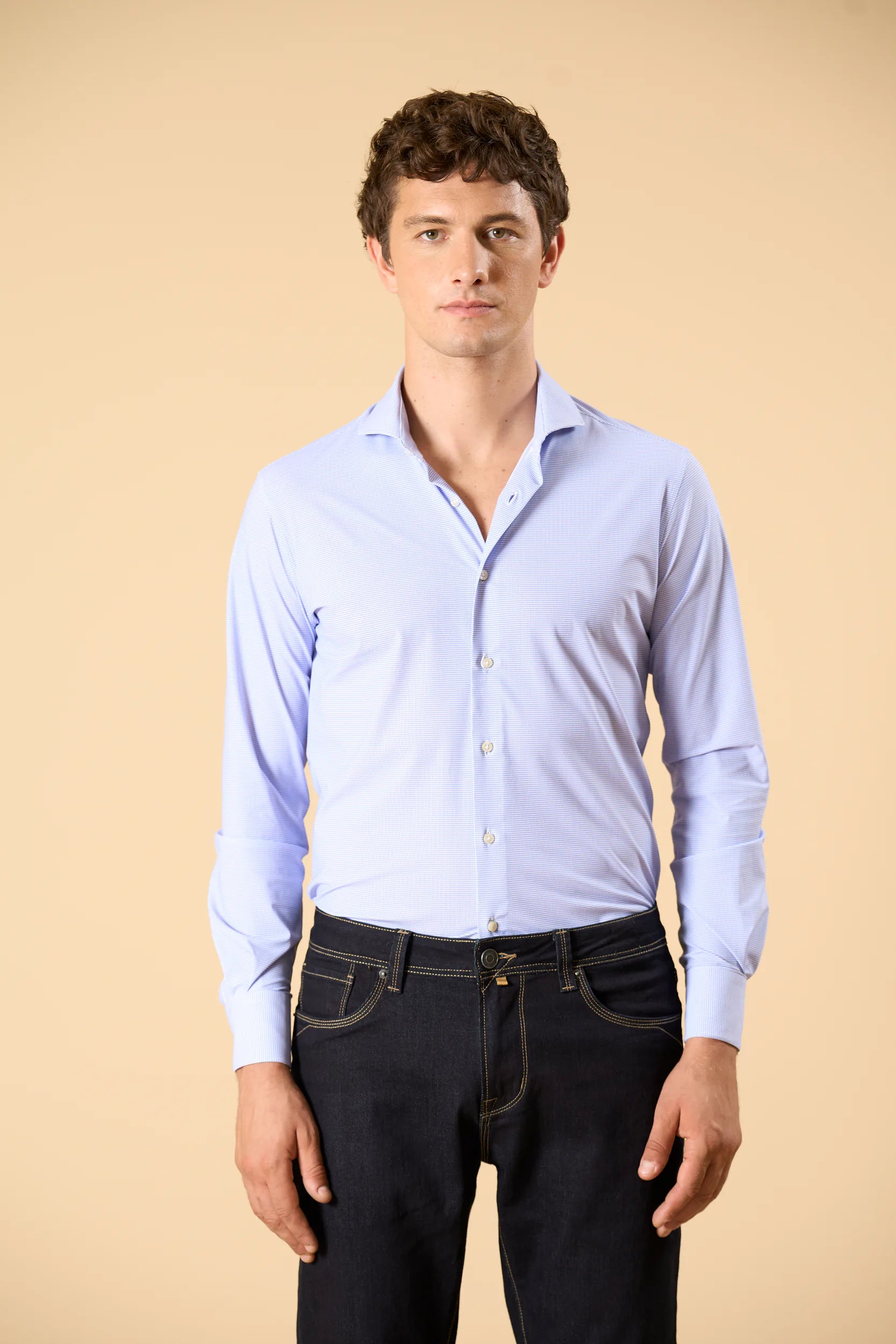 Camicia bianco azzurra fantasia tessuto performance custom fit Angelico 3