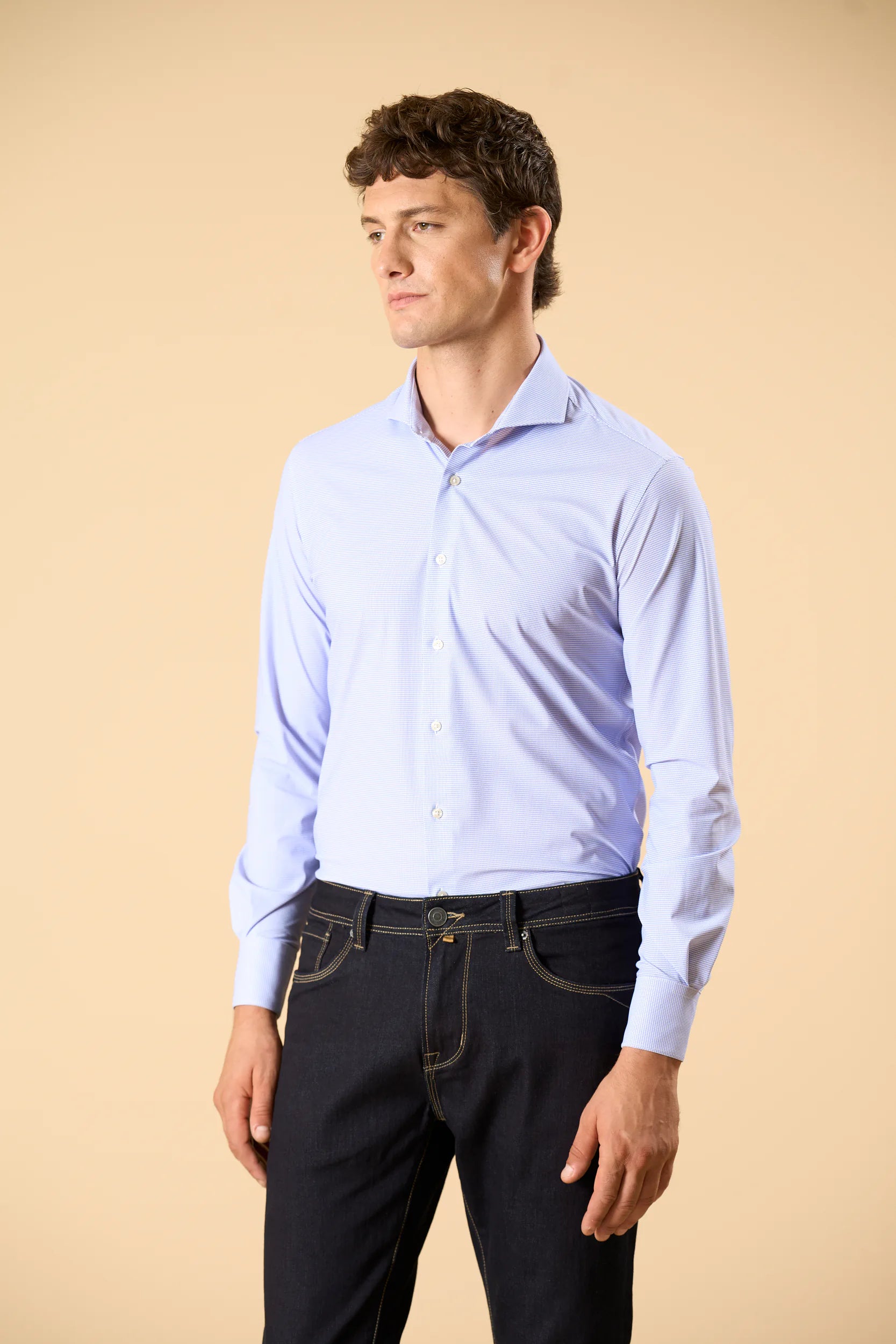 Camicia bianco azzurra fantasia tessuto performance custom fit Angelico 1